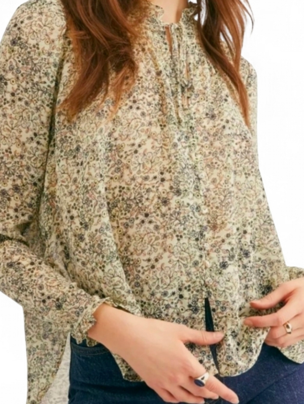 FREE PEOPLE X REVOLVE Lela Floral Semi Sheer Tie Neck Tunic Blouse - XS